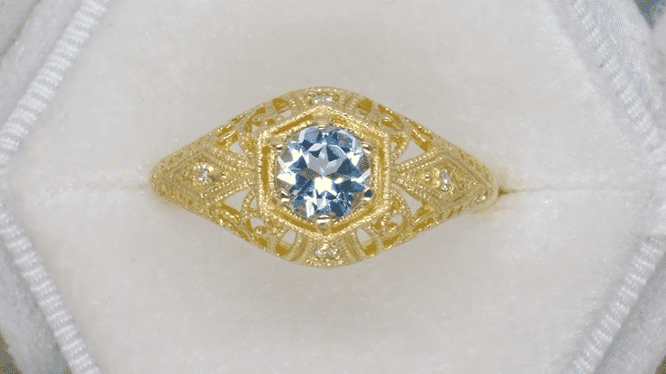 Edwardian Aquamarine and Diamonds Scroll Dome Filigree Engagement Ring in 14 Karat Yellow Gold - Item: R139YA - Image: 4