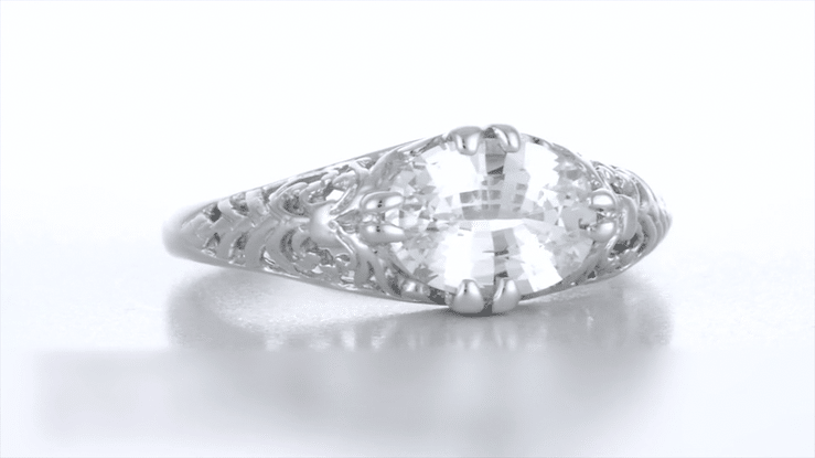 Edwardian Filigree 1.15 Ct. East West Oval White Topaz Promise Ring in Sterling Silver - Item: R1125WT - Image: 5