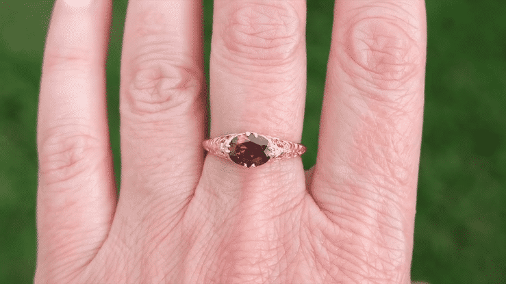 Edwardian Filigree 14 Karat Rose Gold East West Oval Rhodolite Garnet Engagement Ring - Item: R799RRG - Image: 7