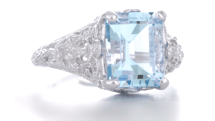 Edwardian Filigree Emerald Cut Blue Topaz Ring in Sterling Silver - Item: SSR618BT - Image: 6