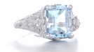 Edwardian Filigree Emerald Cut Blue Topaz Ring in Sterling Silver