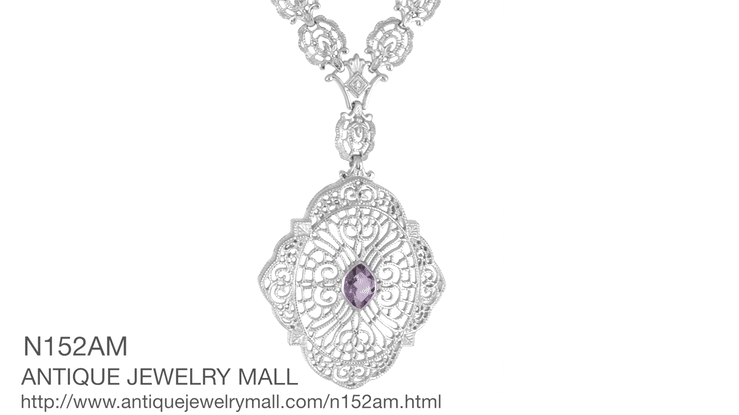 Edwardian Filigree Drop Pendant Necklace with Amethyst and Diamond in Sterling Silver - Item: N152AM - Image: 7