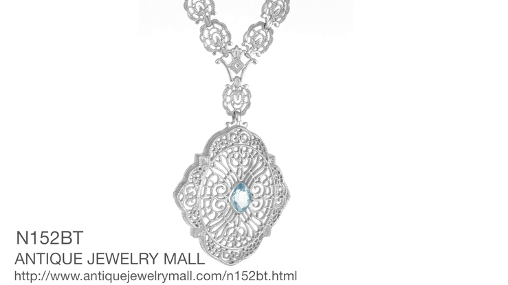 Edwardian Filigree Drop Pendant Necklace with Blue Topaz and Diamond in Sterling Silver - Item: N152BT - Image: 6