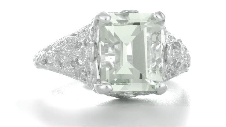 Edwardian Filigree Emerald Cut Prasiolite ( Green Amethyst ) Ring in Sterling Silver - Item: SSR618GA - Image: 6