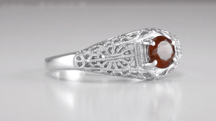 Edwardian Filigree Flowers Almandite Garnet Dome Engagement Ring in 14 Karat White Gold - Item: RV709 - Image: 3