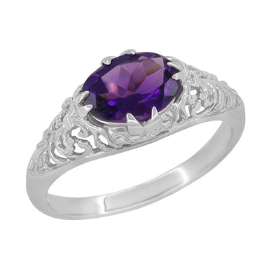 Edwardian Platinum Filigree Antique Style East to West Oval Amethyst Solitaire Ring