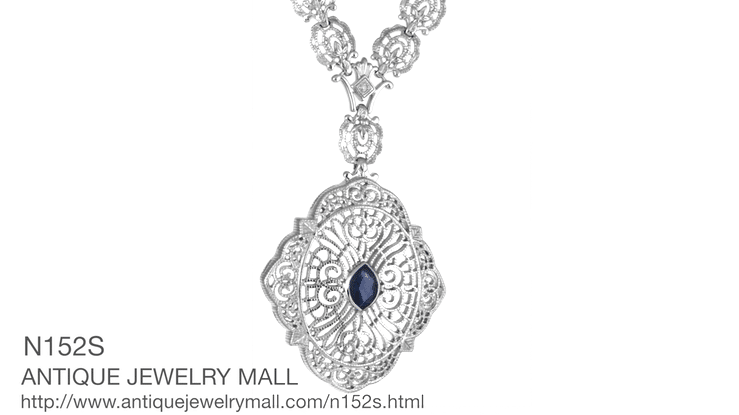 Edwardian Filigree Sapphire and Diamond Drop Pendant Necklace in Sterling Silver - Item: N152S - Image: 6