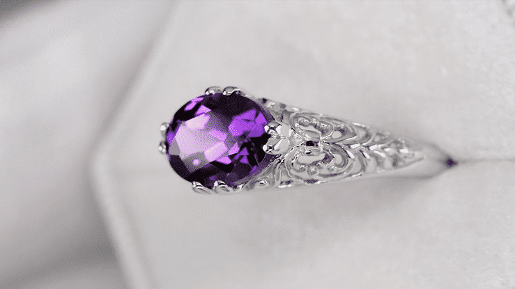Edwardian Oval Amethyst Filigree Ring in White Gold - East to West Horizontal Design - Item: R799WAM - Image: 7