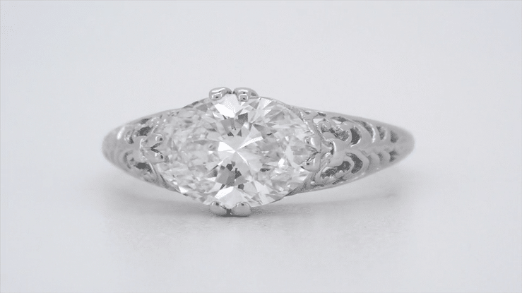 Edwardian Filigree East West Oval Diamond Engagement Ring in White Gold - 1.30 Carat - Item: R799WD-LC-12 - Image: 5