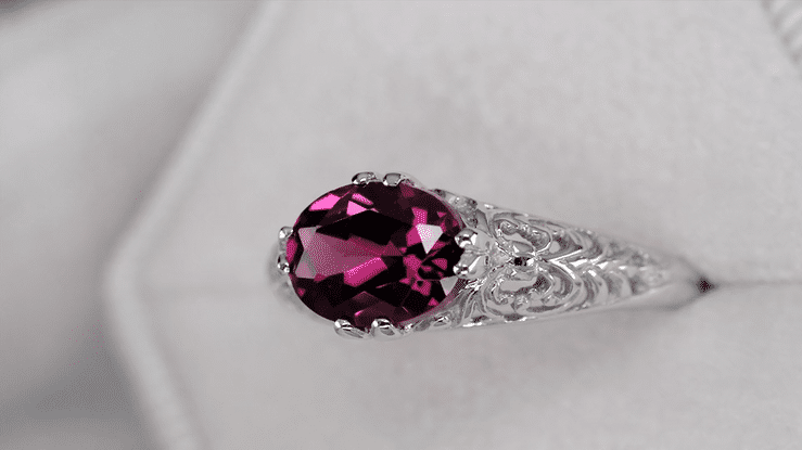 Edwardian East West Oval Rhodolite Garnet Filigree Engagement Ring in White Gold - 14K or 18K - Item: R799WRG - Image: 7