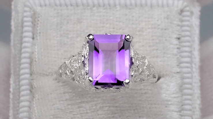 Edwardian Filigree Emerald Cut Amethyst Ring in Sterling Silver - Item: SSR618AM - Image: 6