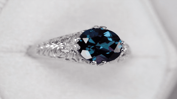 Edwardian Filigree Lab-Grown Alexandrite Engagement Ring in White Gold with Claw Prong Setting East to West - Item: R799WAL - Image: 7