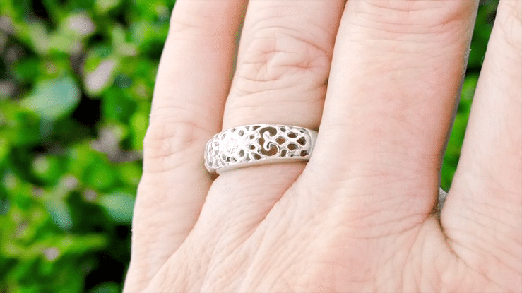 Antique Edwardian Filigree White Gold White Sapphire Domed Band on a Woman's Hand - this ring can be worn as a wedding ring and engagement ring - R197WS