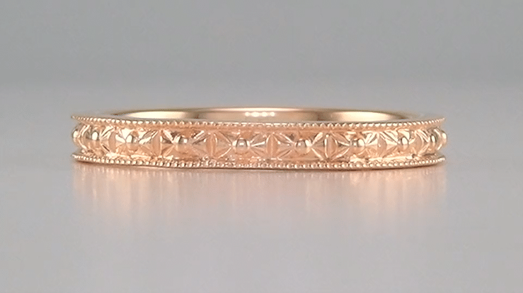 Edwardian Heirloom Engraved Floral Womens Wedding Band in 14K Rose Gold (Pink Gold) - Item: R1108R - Image: 3
