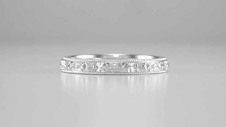 Edwardian Pansy Flowers Hand Engraved Wedding Band in White Gold - 3mm Wide - Item: R1234W10 - Image: 5