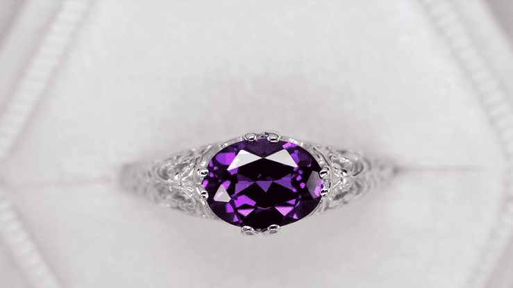 Edwardian Platinum Filigree Antique Style East to West Oval Amethyst Solitaire Ring - Item:  - Image: 7