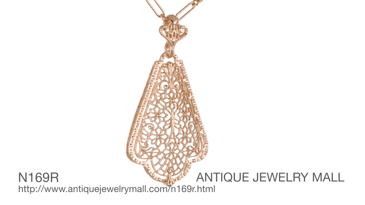 Edwardian Rose Gold Vermeil Scalloped Leaf Dangling Filigree Pendant Necklace - Item: N169R - Image: 6