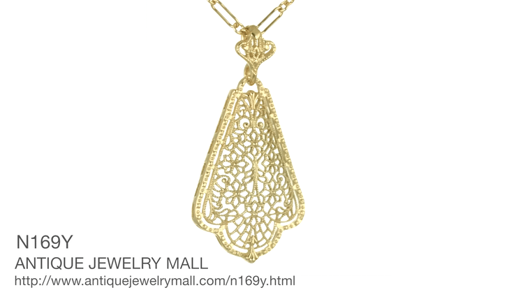Edwardian Scalloped Leaf Dangling Filigree Pendant Necklace in Sterling Silver with Yellow Gold Vermeil - Item: N169Y - Image: 6
