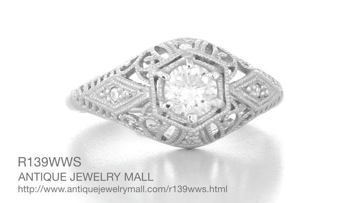 Edwardian White Sapphire Scroll Dome Filigree Engagement Ring in 14 Karat White Gold - Item: R139WWS - Image: 6