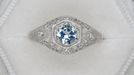Edwardian Aquamarine and Diamonds Scroll Dome Filigree Engagement Ring in Platinum