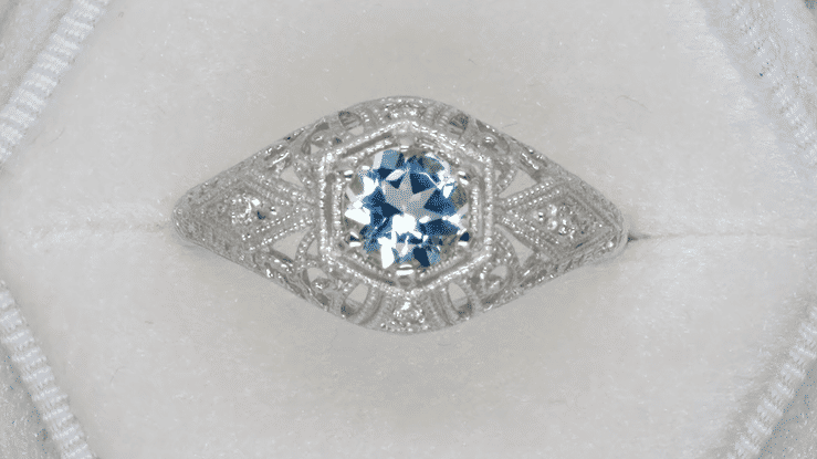 Edwardian Aquamarine and Diamonds Scroll Dome Filigree Engagement Ring in Platinum - Item: R139PA - Image: 4