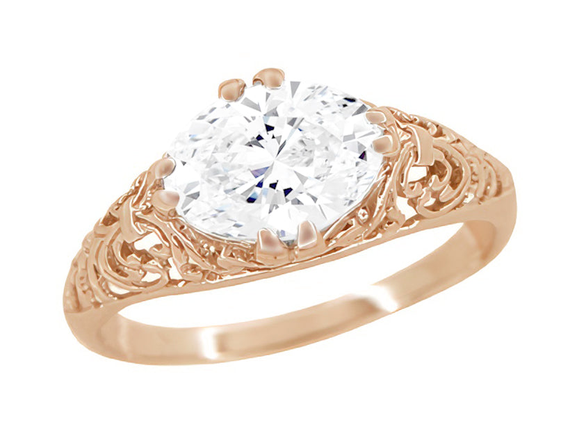 Edwardian Rose Gold East to West 1.10 Carat Oval Diamond Filigree Engagement Ring