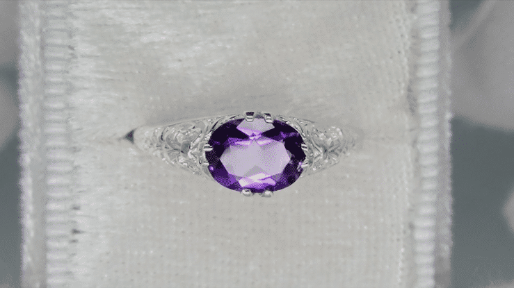 Edwardian Filigree East West Oval Amethyst Promise Ring in Sterling Silver | 1.20 Carat - Item: R1125A - Image: 7