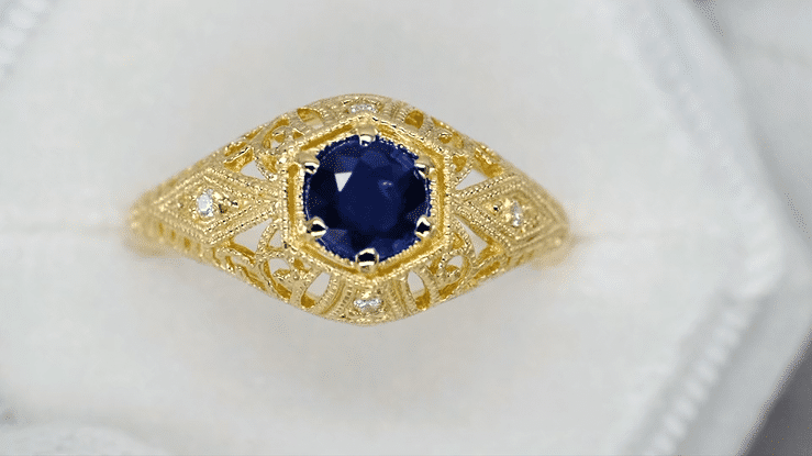 Edwardian Yellow Gold Blue Sapphire and Diamonds Scroll Dome Filigree Engagement Ring - Item: R234Y - Image: 7