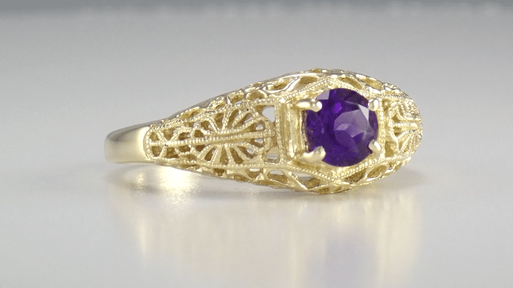 Edwardian Yellow Gold Floral Filigree Dome Amethyst Engagement Ring - Item: RV709YA - Image: 3
