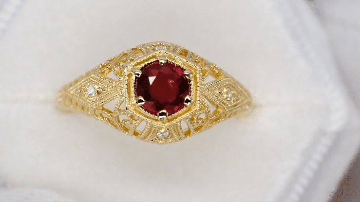 Edwardian Yellow Gold Scroll Dome Filigree Ruby Engagement Ring with Side Diamonds - Item: R471Y - Image: 6