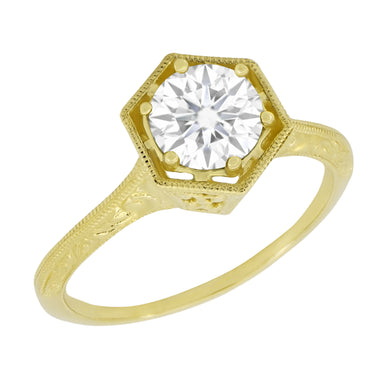 Vintage Engraved Art Deco Hexagonal Filigree Solitaire Diamond Engagement Ring in 14K Yellow Gold