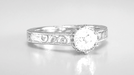 Filigree Scrolls Art Deco Crown Engraved 1 Carat White Sapphire Engagement Ring in 18 Karat White Gold