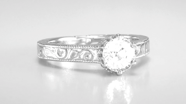 Filigree Scrolls Art Deco Crown Engraved 1 Carat White Sapphire Engagement Ring in 18 Karat White Gold - Item: R199W75WS - Image: 8
