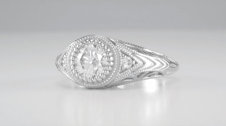 Art Deco Platinum Sculptural Filigree Low Dome 3/4 Carat Diamond Engagement Ring - Item: R464P75-LC - Image: 8