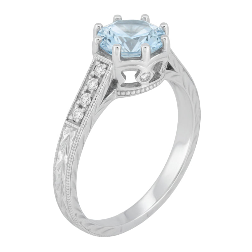 Royal Crown 1 Carat Aquamarine Antique Style Engraved Engagement Ring in 18 Karat White Gold - Item: R460A - Image: 3