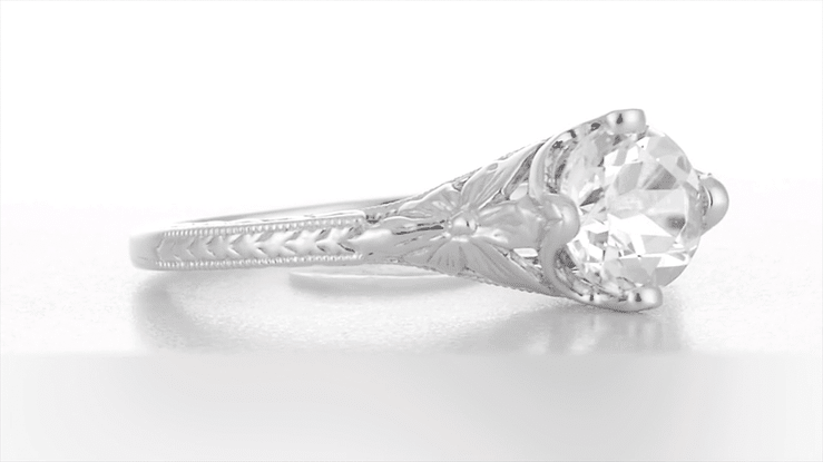 Engraved Flowers Art Deco Filigree White Topaz Promise Ring in Sterling Silver - Item: SSR356WT - Image: 6