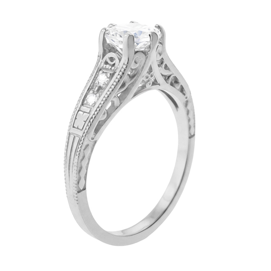 Art Deco Antique 1920's Style Diamond Scroll Side Filigree Engagement Ring in 14K White Gold - Item: R643-LC - Image: 3
