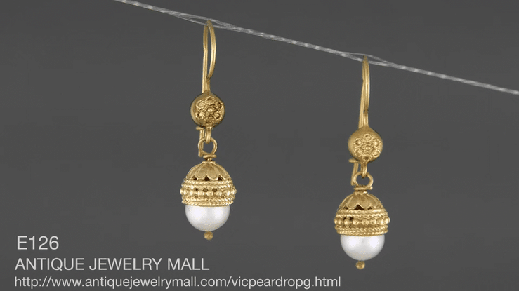Etruscan Revival Victorian Pearl Drop Dangle Earrings in 15 Karat Gold - Item: E126 - Image: 4