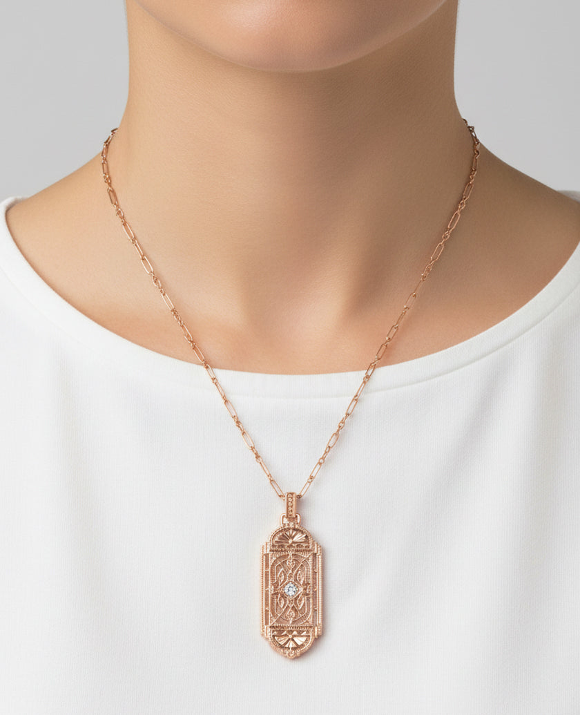Art Deco Filigree Rose Gold Vermeil Geometric White Sapphire Pendant Necklace in Sterling Silver - Item: N150RWS - Image: 5