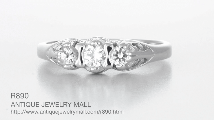 Filigree "Three Stone" Diamond Art Deco Ring in White Gold - Item: R890W10-LC - Image: 6
