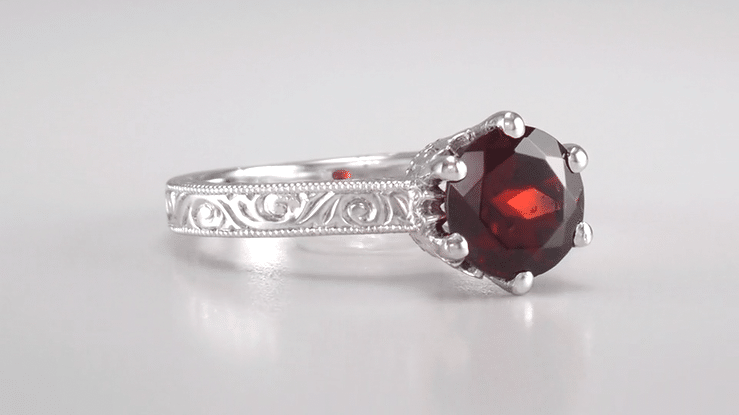 Art Deco Engraved Scrolls 1.5 Carat Almandine Garnet Filigree Crown Solitaire Engagement Ring in 18 Karat White Gold - Item: R199WAG - Image: 7