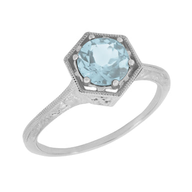 Filigree Hexagon Art Deco Engraved 3/4 Carat Aquamarine Engagement Ring in 14K White Gold