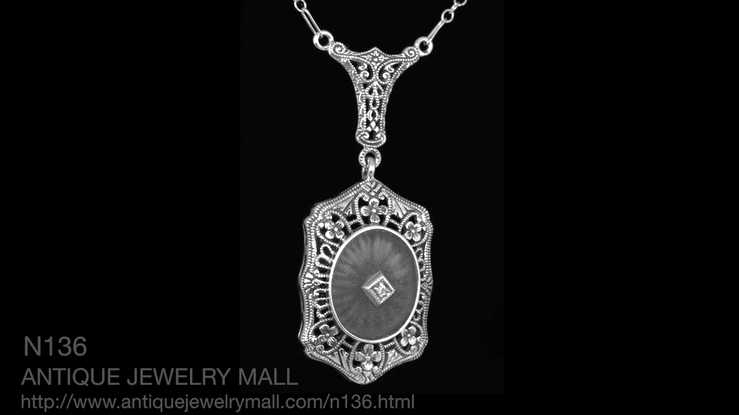 Filigree Art Deco Starburst Camphor Glass Crystal & Diamond Drop Pendant Necklace in Sterling Silver - Item: N136 - Image: 6