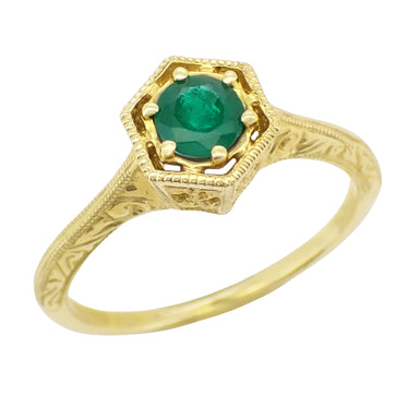 Yellow Gold Art Deco Hexagon Filigree Vintage Emerald Engagement Ring - R180Y33E