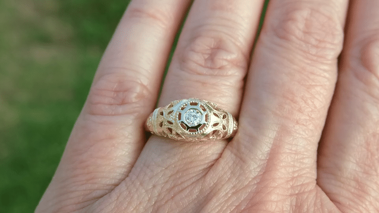 Yellow Gold Art Deco Low Dome Open Filigree Flowers Diamond Engagement Ring - Item: R428Y-LC - Image: 9
