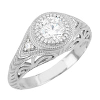 Art Deco Filigree Engraved 3/4 Carat Diamond Low Profile Engagement Ring in White Gold - 14K or 18K