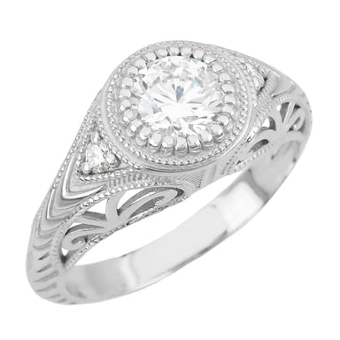 Art Deco Filigree Engraved 3/4 Carat Diamond Low Profile Engagement Ring in White Gold - 14K or 18K