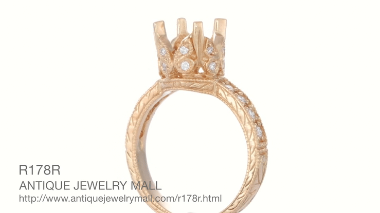 Filigree Engraved Butterflies Art Deco 1 Carat Diamond Engagement Ring Setting in 14 Karat Rose ( Pink ) Gold - Item: R178R - Image: 8
