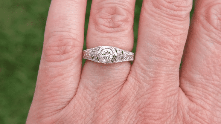 Filigree Engraved Hexagon Art Deco 1/4 Carat Diamond Engagement Ring in 14 Karat White Gold | Low Profile Engagement - Item: R646-LC - Image: 6