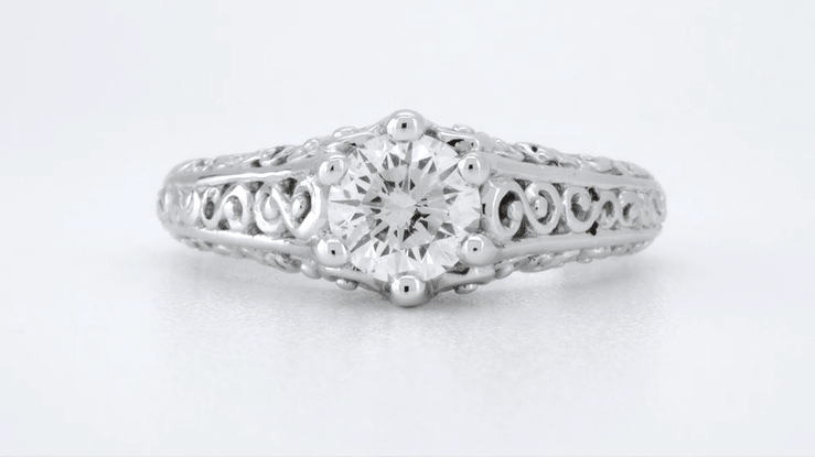 Filigree Flowing  Scrolls Edwardian Engagement Ring Setting for a 3/4 Carat Diamond in 14 Karat White Gold - Item: R1196W - Image: 12